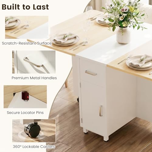 Folding Dining Table with Wheels, Space Saving Drop Leaf Kitchen Table with Storage Cabinet, Expandable Movable Furniture for Small Apartment, Natural - color: Natural