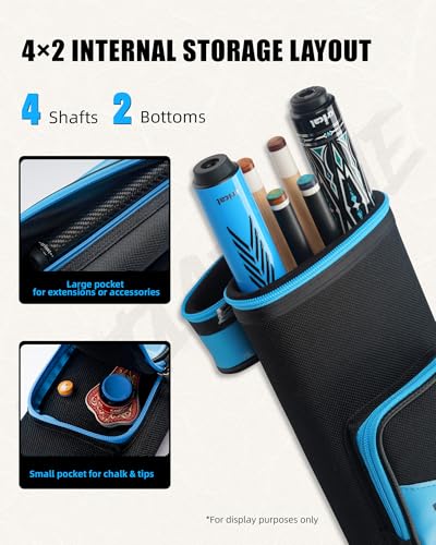 CRICAL Pool Cue Case 2x4 Hard Pool Stick Case Holds 2 Butts and 4 Shafts for Adults Billiard Cue Case with Soft Shoulder Straps - color: upgrade-blue