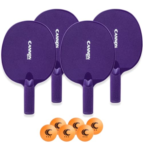 Cannon Sports Unbreakable Table Tennis Paddle Set - 4 Rackets with 6 Pack of 3-Star Table Tennis Balls – Portable Set for 4 Players - color: 4 Purple Paddles + 6 Orange Balls