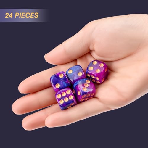 24 of Pack 16MM 6 Sided Dice Set,Two Colours D6 Game Dice Set, 6 Sided Standard Dices for Yahtzee, Bunco or Teaching Math,with Portable Dice Pouch(Purple and Blue) - color: 16mm Purple and Blue