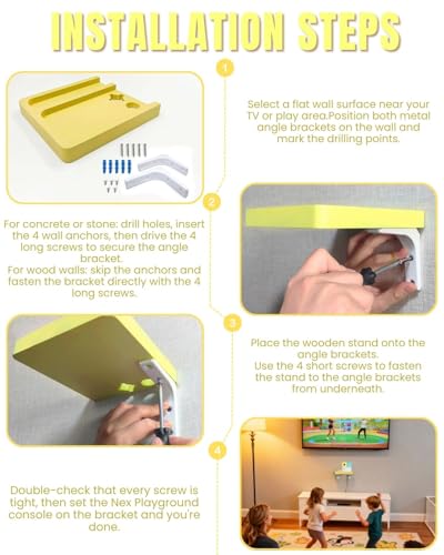Wall-Mounted Wooden Stand Compatible with Nex Playground Console, Fixed Shelf Holder with Screws, Easy to Install Bracket for Family Gaming Setup (Lemon Yellow) - color: Lemon Yellow