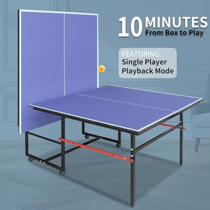 Portable Collapsible Table Tennis Table Set – 8FT/9FT Indoor/Outdoor Ping Pong Table, Quick Assembly, Net, 2 Paddles, 3 Balls, Single Player Playback – Great for Family Recreation & Gifts