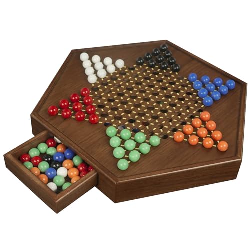 Chinese Checkers Board Game - 15” Large Wooden Checkers Game with Storage Drawer, 16mm Glass Marbles (60 + 12 Extras), Classic Family Strategy Game for 2-6 Players - size: 15"