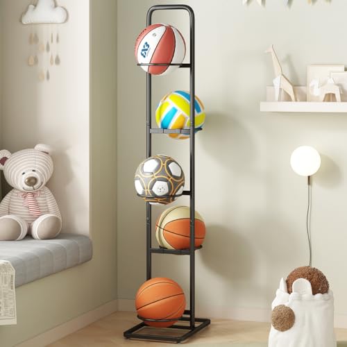 Vertical Ball Storage Rack - Adjustable 5-Tier Sports Organizer Stand for Basketball, Soccer, Volleyball and More（56.7inches） - style: 5-tier without Basket