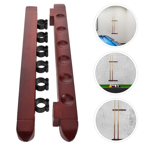 Cabilock 2 Sets 6-slot Wall Mounted Billiard Rack Wooden Pool Cue Holder Wine Red Solid Wood Pool Stick Organizer for Game Room Bars Billiard Players