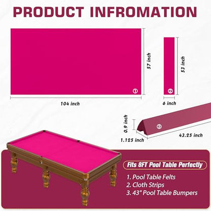 Pool Table Felt and Bumper Kit Felt for Billiard Cloth with Pool Table Bumpers and Cushions Facing, 6 Pcs Cloth Strips and Staple Remover - color: Hot Pink, size: 8FT + 42'' Bumpers