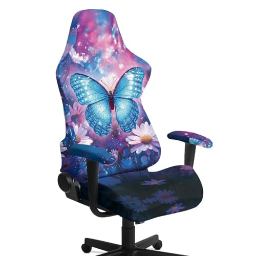 Suobstales Butterfly Daisy Flower Pattern Stretchable Gaming Chair Cover with Armrest Protector Washable Elastic Computer Chair Slipcover Anti-Slip Easy to Install Water-Repellent for Office Use - color: Butterfly Daisy Flower