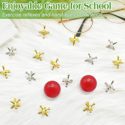 ZeeDix Jacks Game and Pick Up Sticks, 60 Pcs Sticks and 20 Pcs Metal Jax with 2 Pcs Red Rubber Balls, Gold and Silver Metal Jacks, Classic Fun Game Gift of Jacks for Family - style: 2 Set