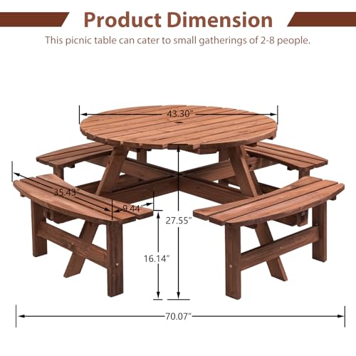 8-Person Round Wooden Picnic Table with Seat, Outdoor Camping Dining Table with 4 Built-in Benches, Brown - color: Brown, size: 8-Person Round