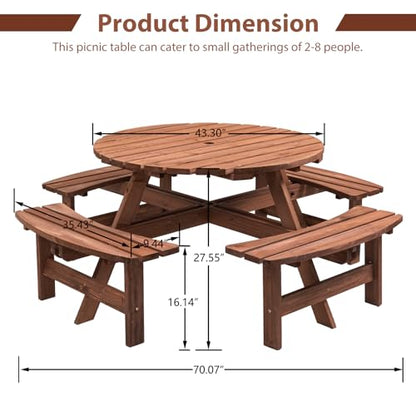 8-Person Round Wooden Picnic Table with Seat, Outdoor Camping Dining Table with 4 Built-in Benches, Brown - color: Brown, size: 8-Person Round