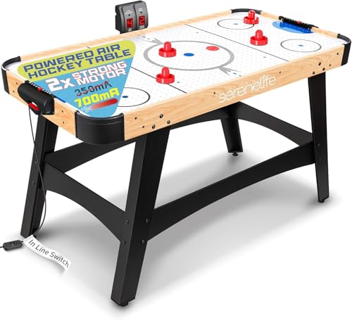 SereneLife 58in Powered Air Hockey Table Upgraded 700mA 12v 2X Powerful Motor, 4 Player 4 Pucks 2 Pushers, Full-Size Arcade Style, Inline Power Switch and Battery Free Digital LED Score Board - color: Natural