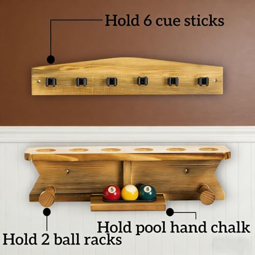 Pumtus Wall Mount Pool Stick Holder, Wood Billiard Cue Rack for 6 Cues Storage & 2 Ball Racks, Sturdy Hanging Pool Cue Rack, Pool Table Accessories Equipment Organizer for Game Room, Bar