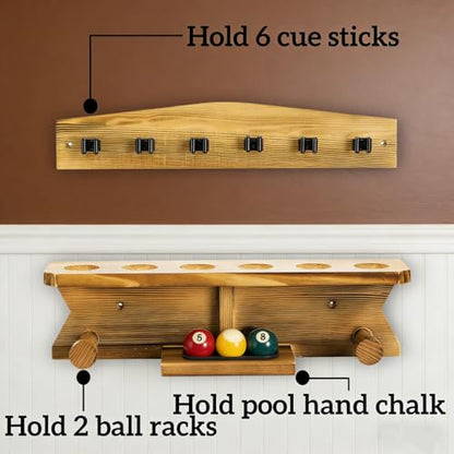Pumtus Wall Mount Pool Stick Holder, Wood Billiard Cue Rack for 6 Cues Storage & 2 Ball Racks, Sturdy Hanging Pool Cue Rack, Pool Table Accessories Equipment Organizer for Game Room, Bar