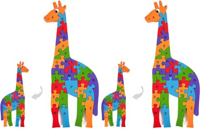 LovesTown Wooden Puzzles for Kids, Double Sided Giraffe Jigsaw with Alphabet & Numbers, Montessori Educational Toy for Toddlers, Chunky Animal Gift (Pack of 2) - size: Medium (Pack of 2), style: Giraffe