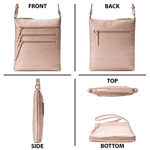 Solene Crossbody Bag Functional Multi Pocket Messenger Purse Top Zip Closure Shoulder Handbag With Adjustable Strap - color: Rose Gold