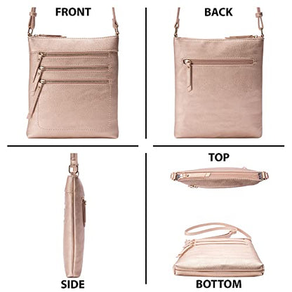 Solene Crossbody Bag Functional Multi Pocket Messenger Purse Top Zip Closure Shoulder Handbag With Adjustable Strap - color: Rose Gold