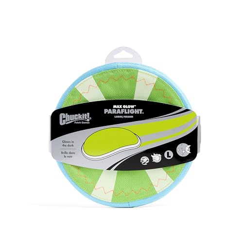 Chuckit! Max Glow Paraflight Flying Disc Dog Toy - Water Floating Flyer - Durable Nylon Construction with Soft Rubber Edges - For Medium and Large Dogs - Size Large - 9.75" L x 9.75" W - Pack of 1 - color: Green/Max Glow, size: Large