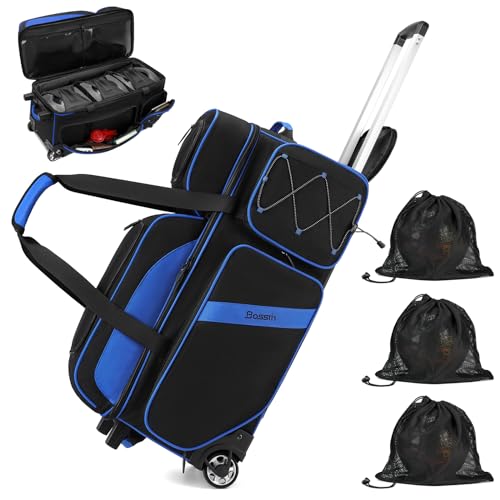 BOSSTIN 3 Ball Bowling Bags with Wheels, Secure Adhesive Fixed Ball Cup & Shoe Compartment, Bowling Ball Bag 3 Ball Roller with Multi-Pockets - color: Blue