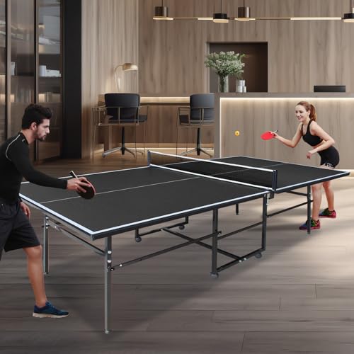 Ping Pong Table Foldable Indoor 8/8.5/9FT Single Player Playback Mode Game Set with Paddles and Balls - color: Black-9x4.1FT