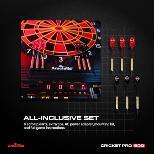 Arachnid Cricket Pro 900 Electronic Dartboard – 15.5” Regulation Size, 48 Games with 354 Variations, 8‑Player LED Scoring, Cricket X/O Display, NylonTough™ Segments