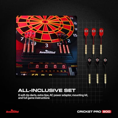 Arachnid Cricket Pro 900 Electronic Dartboard – 15.5” Regulation Size, 48 Games with 354 Variations, 8‑Player LED Scoring, Cricket X/O Display, NylonTough™ Segments
