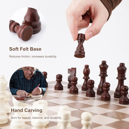 15 Inch Magnetic Wooden Chess Set with Folding Board and Chess Piece Storage Slot, Handmade Portable Travel Chess Game Sets for Kids Adults Beginner and Pros, Carry Bag, 2 Extra Queens