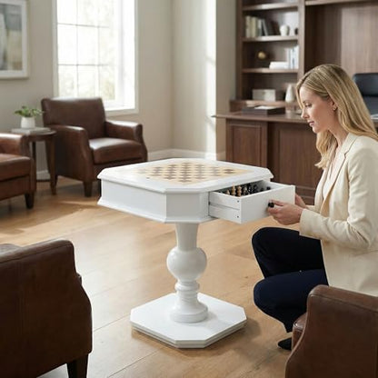 Chess Table, Reversible Chess Checker Game Table with 2 Drawers for Family Entertainment Room, 3-in-1 Square Game Tray for Chess Checker Backgammon, White - size: 28''-Chess Table White
