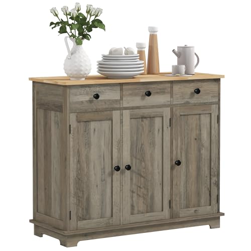HOMCOM Sideboard Buffet Cabinet with Solid Wood Countertop, Modern Kitchen Storage Cabinet, Coffee Bar Cabinet with 3 Drawers, Doors and Adjustable Shelf, Distressed Gray - color: Distressed Gray, size: 39.75" x 15.75" x 33.5"