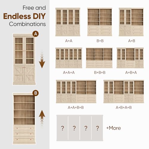 Vyre 71" Tall Farmhouse Bookshelves with Glass Doors and Drawers, Set of 2 – Large Modular Bookcase with Adjustable Shelves, Storage Cabinet for Living Room, Kitchen, Brown - color: Brown