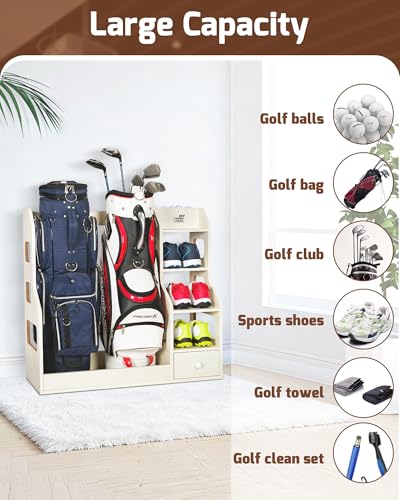 Mythinglogic Wooden Golf Bag Storage Rack, Golf Organizer with Shoe Shelves, Ball Holder & Drawer, MDF Golf Equipment Storage Cabinet for Home, Garage or Simulator Room - size: 2 golf bag rack-White