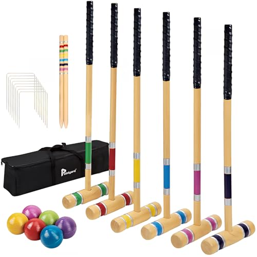 28" Croquet Set for 6 Players - Premium Wooden Mallets, Colored Balls & Carry Bag - Outdoor Games for Adults/Families at Lawn, Beach, Yard Game,Anti-Slip Handle - color: Natural Wood-with Grip Tape