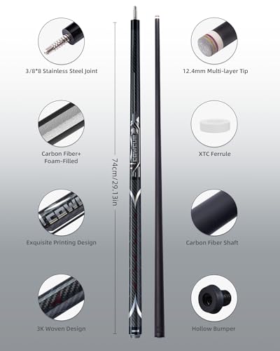 CRICAL COWCUE 58-Inch Carbon Fiber Pool Cue, Low Deflection, 12.5mm Tip | Adjustable pool cue with 3/8x8 joint for stable control, regular billiards practice and pool hall play. - color: CW-02-set2