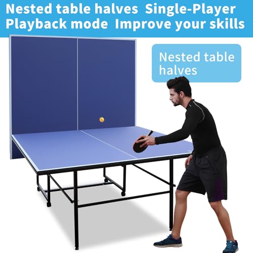 9FT Ping Pong Table Rolling Foldable Table Tennis Table for with Net, Table Tennis Paddles and Balls, Multi-Use Family Game Table for Teenager Adult, Folded with Single Player Playback Mode