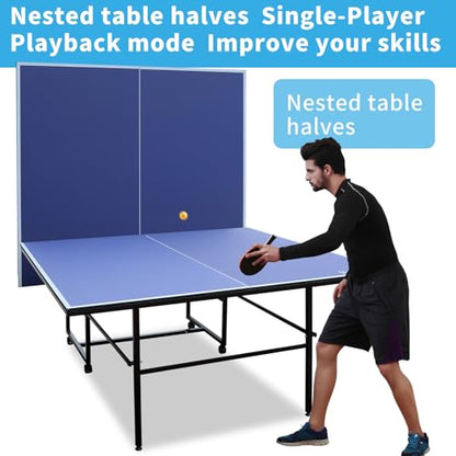 9FT Ping Pong Table Rolling Foldable Table Tennis Table for with Net, Table Tennis Paddles and Balls, Multi-Use Family Game Table for Teenager Adult, Folded with Single Player Playback Mode