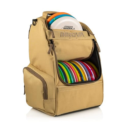 Innova Adventure Pack Disc Golf Backpack – Holds 25 Discs – Includes Mini, Disc Golf Bag - color: Sand/Coffee