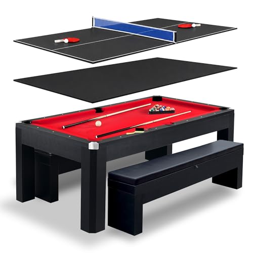 Hathaway Pool Table Combo Set with Benches - color: Black and Red Felt