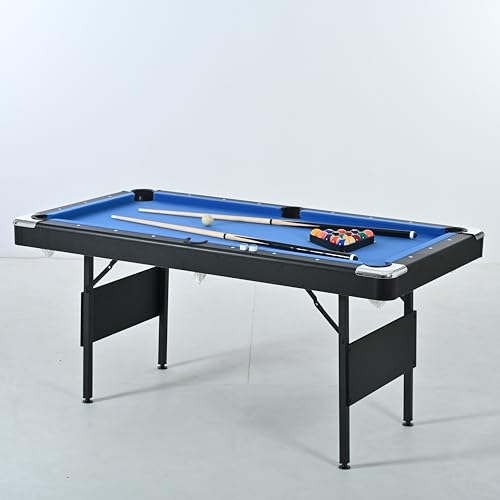 5.3 FT Pool Table Portable Foldable Billiards Table for Kids & Adults with with Balls, Cues, Chalk, Rack & Brush, Compact Space-Saving Game Table for Family Game Room & Office - color: Black+Blue