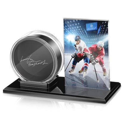 DoubleFill Acrylic Hockey Puck Display Case for Ball and Cards Clear Ball Holder Ring Stand Set Hockey Puck Centerpieces Protector Memorabilia Showcase