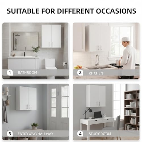 24 x 33 Inch Wall Cabinet set of 1, Kitchen Wall Mounted Wooden Storage Cabinet, Double Door Cabinet with Soft Close, Metal Handle, Adjustable Shelf, for Kitchen, Garage, Laundry, Bathroom, White - color: White