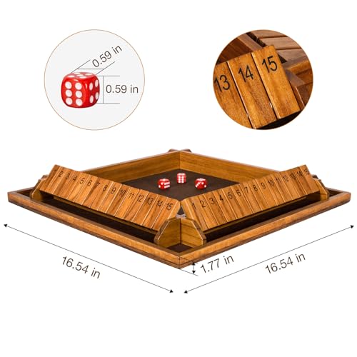 Upgraded 16.54’’ Shut The Box Dice Game with 15 Numbers for 1-4 Players, Large Wooden Board Math Game 16 Dices, Tabletop Games Kids Adults Family Party Birthday - color: 16.5 In-brown
