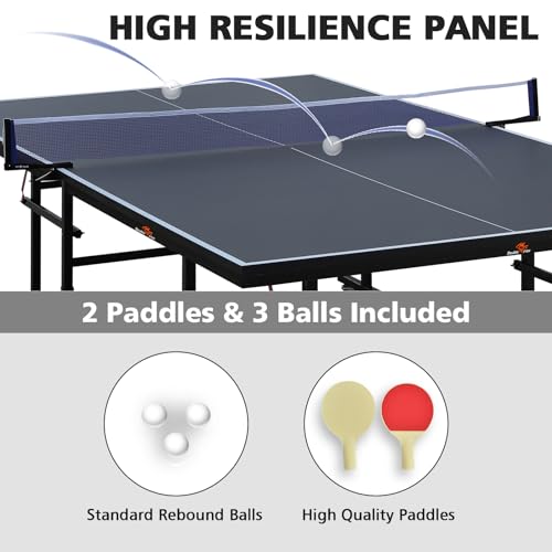 9FT Folding Table Tennis Table with 2 Paddles, 3 Balls & Net Set with Solo Playback Mode, Different Thickness MDF Surface, Lockable Wheels & Quick Assembly - color: Black, size: 0.591" MDF Top