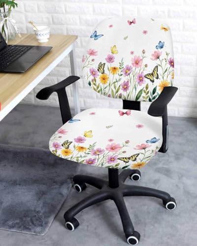 Savannan Office Chair Cover, Summer Flower Colorful Butterflies Protective Stretch Elastic Universal Cover for Desk Task Chair,Computer Rotating Chair 1 Pcs Watercolor Wildflowers