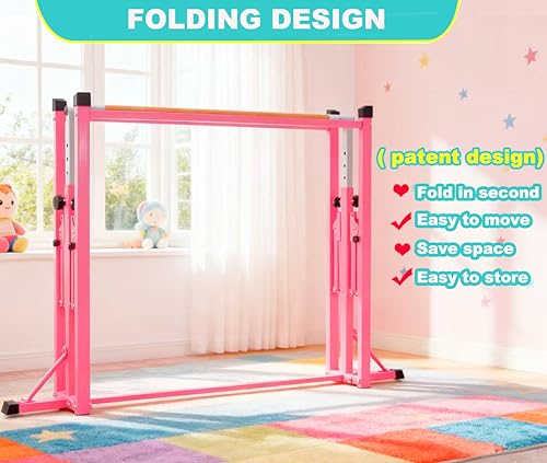 Marfula Gymnastic Bar For Kid and Teenage of 3-25, 5Ft/8 FT Base Length 4Ft Width 5Ft Adjust Height, Gymnastic Kip Bar For Gymnast, Gymnastic Training Equipment For Professional Training Home Club Use - color: Pink (Bar with Mat - 8 Ft Base)