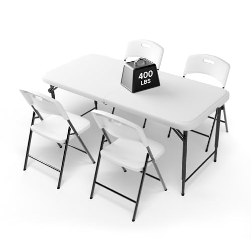 4FT Folding Table Set with 4 Chairs – Heavy-Duty 400 lbs Table & 600 lbs Chair Capacity, Portable Foldable Table & Chair Set for Camping, Parties, Indoor & Outdoor Use - color: White Table & Chairs, size: 4ft-Standard Adjust, style: 4 chairs