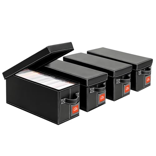 CD Storage Case with Lid & Handle – Faux Leather CD Holder Box – Stackable CD Storage Organizer with Label Slot – 4Pack (Black) - size: CD-4Pack