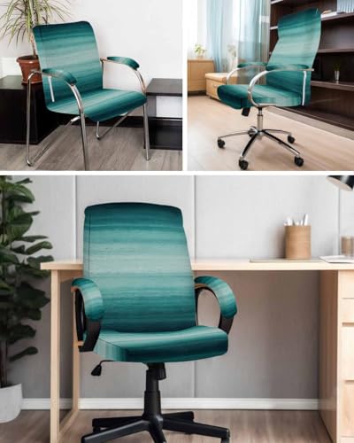 Turquoise Green Office Chair Cover with Armrest Covers, Gradient Marble Ocean Abstract Striped Universal Stretch Desk Rotating Chair Slipcovers, Removable Seat Protector with Zipper, L - color: Blue Green, size: Large & 2PCS Armrest Covers