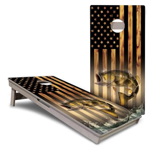 Cornhole Solutions PRO Tournament Cornhole Boards – Regulation 4ft x 2ft Professional Set – 3/4" Baltic Birch Plywood – Folding Legs, Built-in Handles – Corn Hole Game Set - color: Hidden Fish