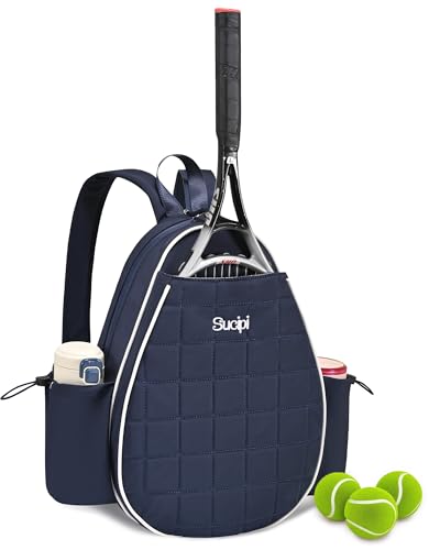 Sucipi Tennis Bag, Quilted Tennis Sling Crossbody Backpack, Water Resistant Tennis Racket Bags for Women Men, Suitable for Pickleball Tennis Badminton - color: Navy Blue with square grid quilted, size: Medium