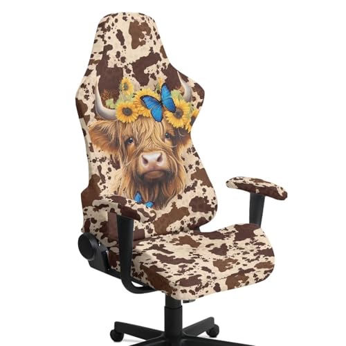 Suobstales Highland Cattle Butterfly Sunflower Pattern Gaming Chair Covers with Armrest Covers Office Desk Chair Cover Computer Chair Cover Stretch Gamer Chair Slipcovers Cat Scratch Proof - color: Highland Cattle Butterfly Sunflower