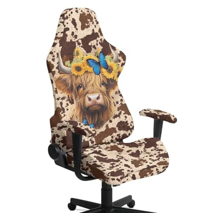 Suobstales Highland Cattle Butterfly Sunflower Pattern Gaming Chair Covers with Armrest Covers Office Desk Chair Cover Computer Chair Cover Stretch Gamer Chair Slipcovers Cat Scratch Proof - color: Highland Cattle Butterfly Sunflower